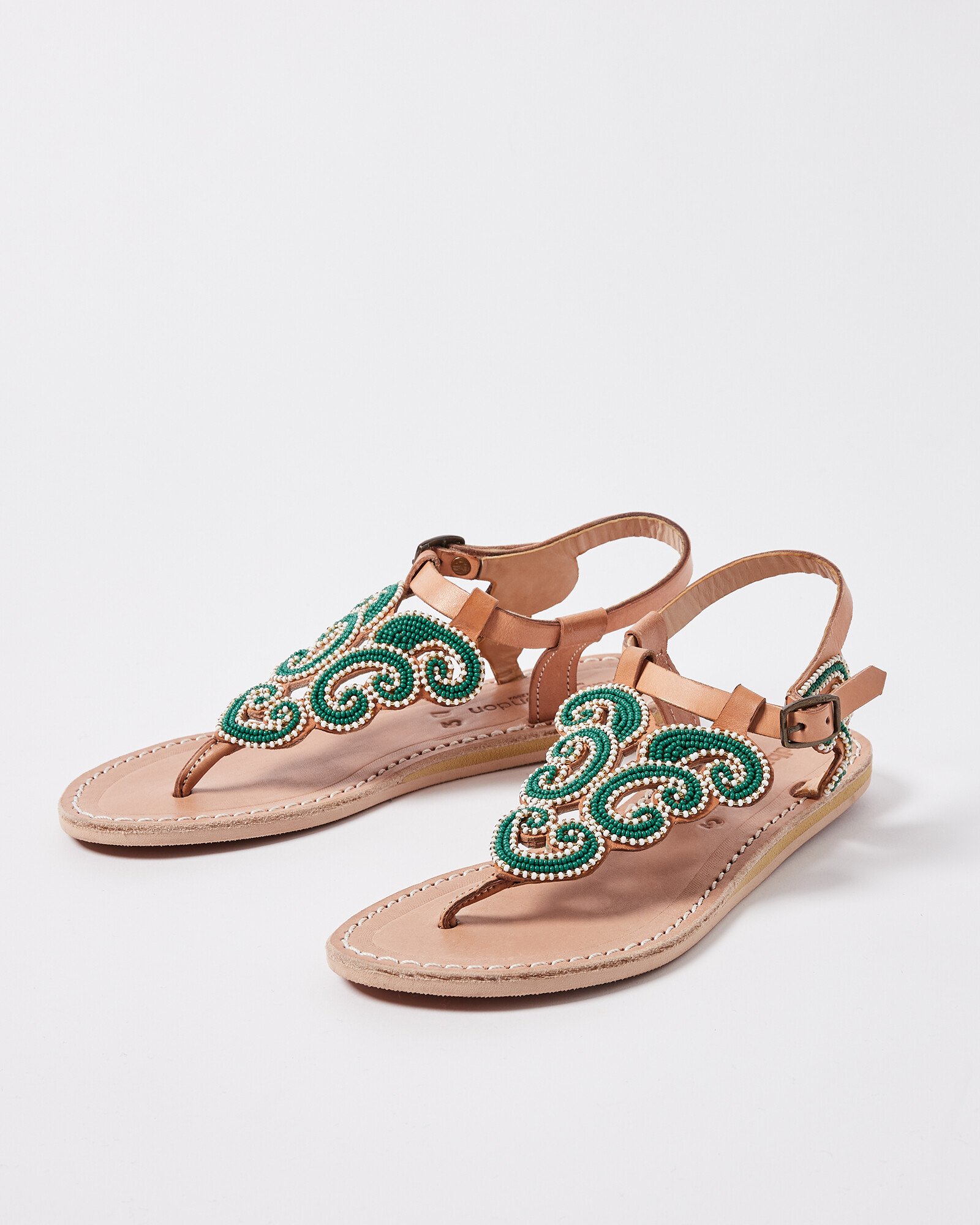 Laidback London Paisley Green Beaded Leather Sandals, size UK 7