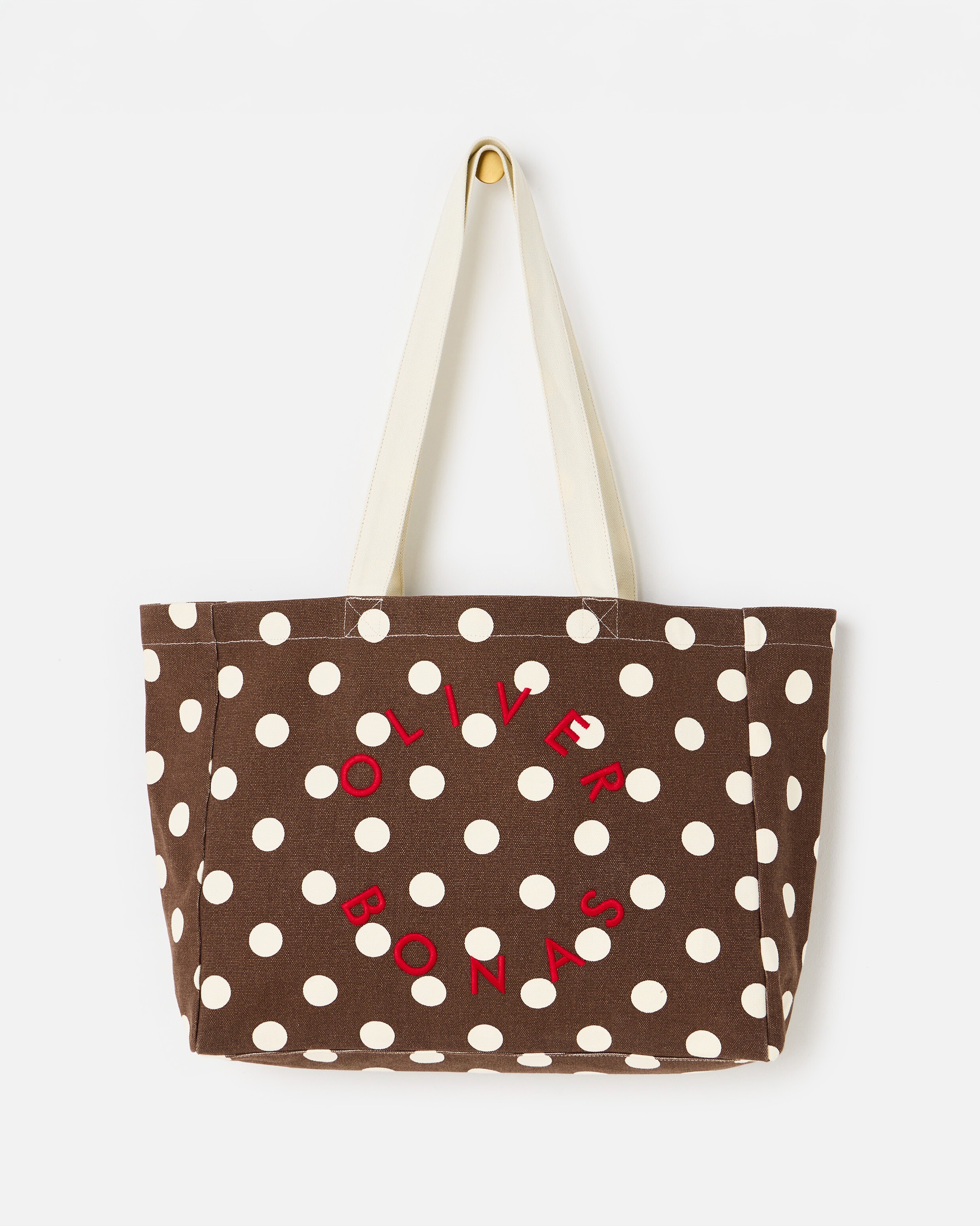 Brown & Ecru Polka Dot Logo Fabric Tote Shopper Bag